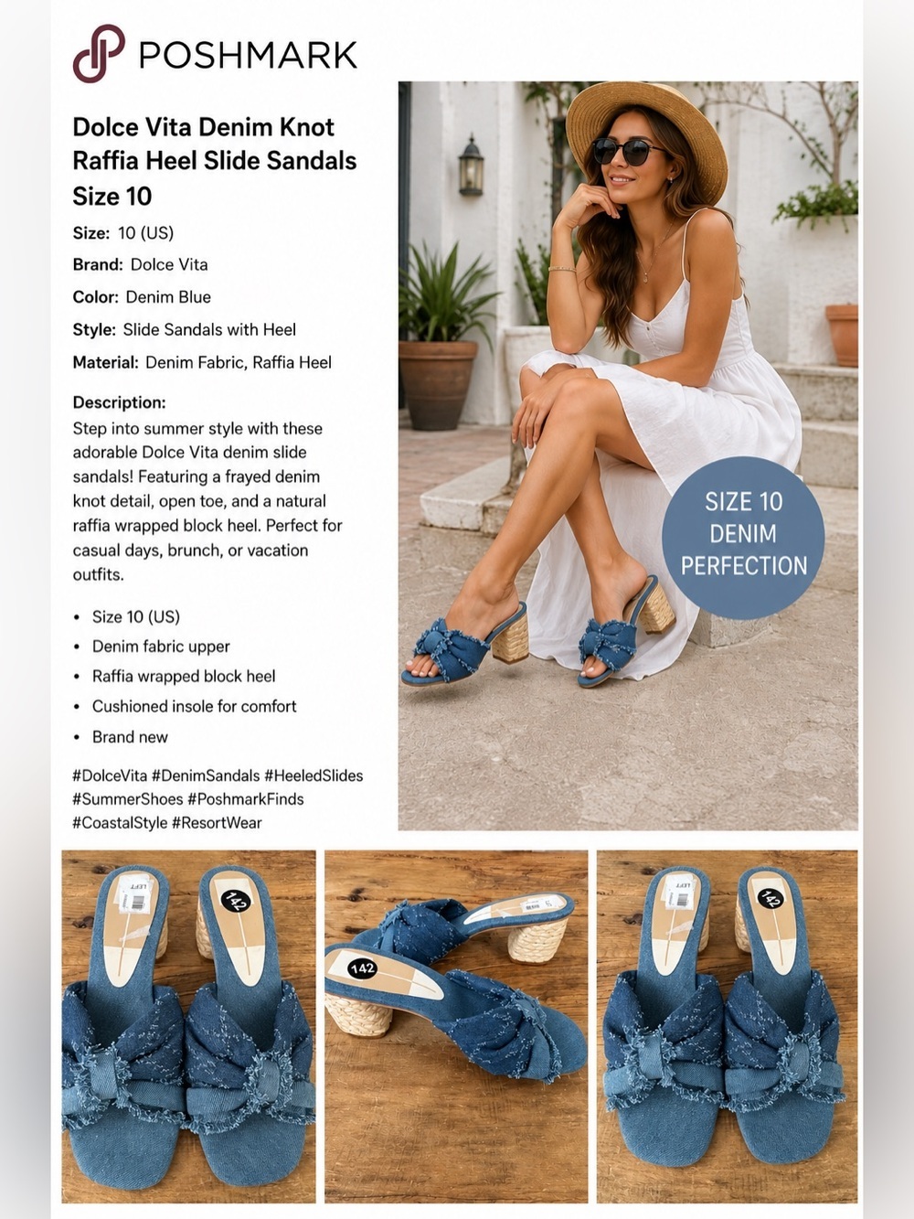 NEW Dolce Vita Denim Knot Raffia Block Heel Slide Sandals ~ Size 10